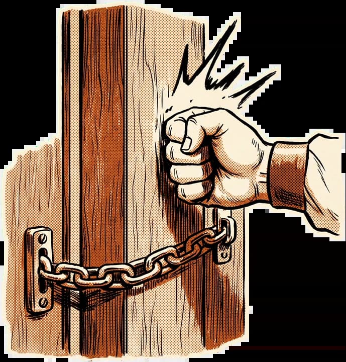 A fist knocking on a chained door.