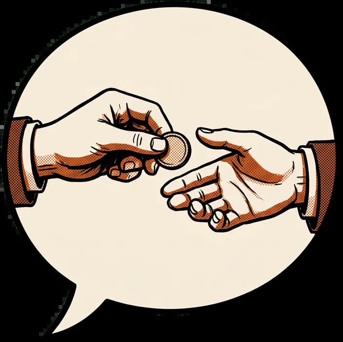 Two hands passing a coin inside a speech bubble.